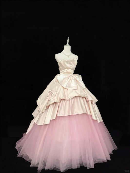 Blush Pink Satin Strapless Cinched Waist Voluminous Skirt Long Romantic Dress, Wedding Gown gh7873