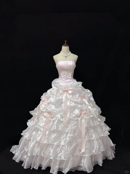 Blush Pink Strapless Romantic Gown with Cinched Waist & Fluffy Tiered Princess Skirt, Wedding Dress & Bridal Gown gh8180