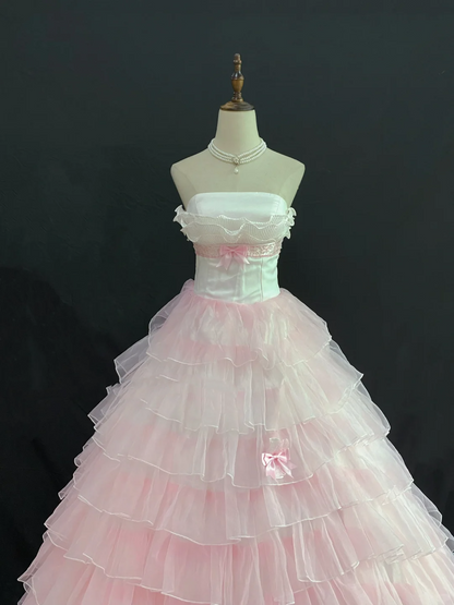 Gradient Blush Pink Strapless Wedding Dress, Fitted Waist, Long Tiered Cake Skirt gh8272