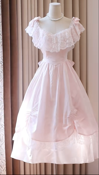 Light Pink Sweetheart Off Shoulder Homecoming Dress Lace Ruffle Neckline Bow Straps A-Line Tea Length Formal Party Gown gh9457