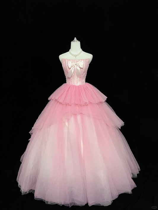 Blush Pink Strapless Cinched Waist Voluminous Girly Princess Skirt Long Romantic Dress, Wedding Gown gh7961