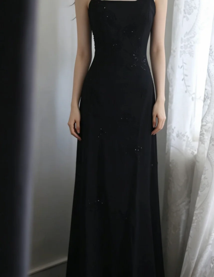 Black halter-neck fitted vintage ball gown, evening dress gh7126
