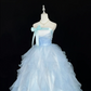 Light Blue Strapless Cinched Waist Voluminous Tiered Skirt Romantic Dress, Wedding Gown gh7921