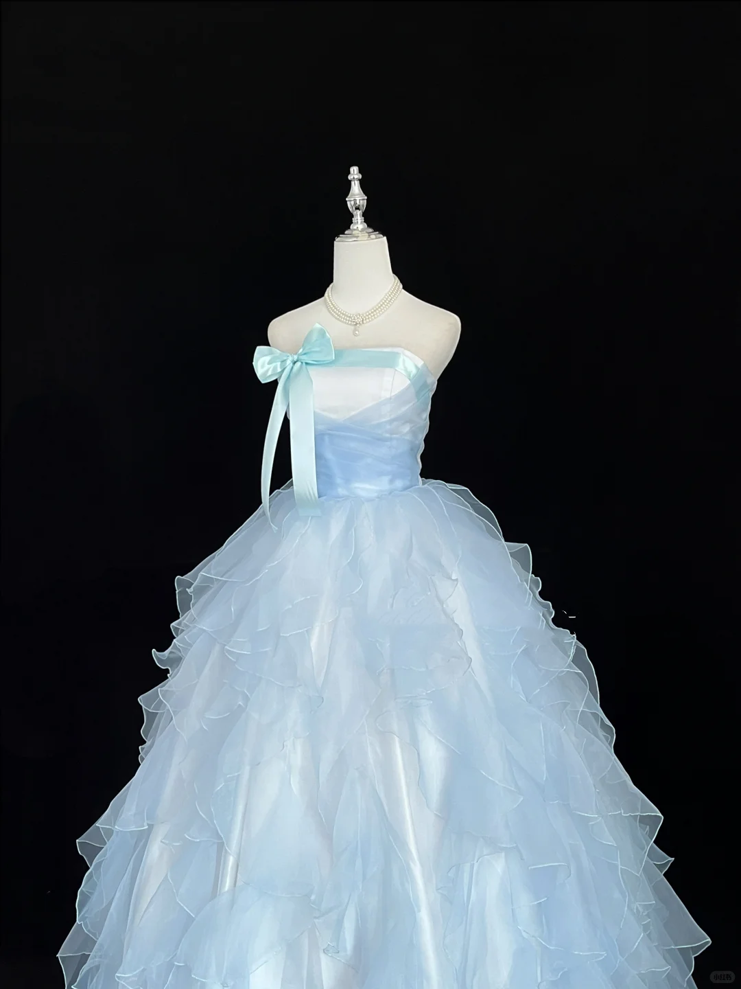 Light Blue Strapless Cinched Waist Voluminous Tiered Skirt Romantic Dress, Wedding Gown gh7921