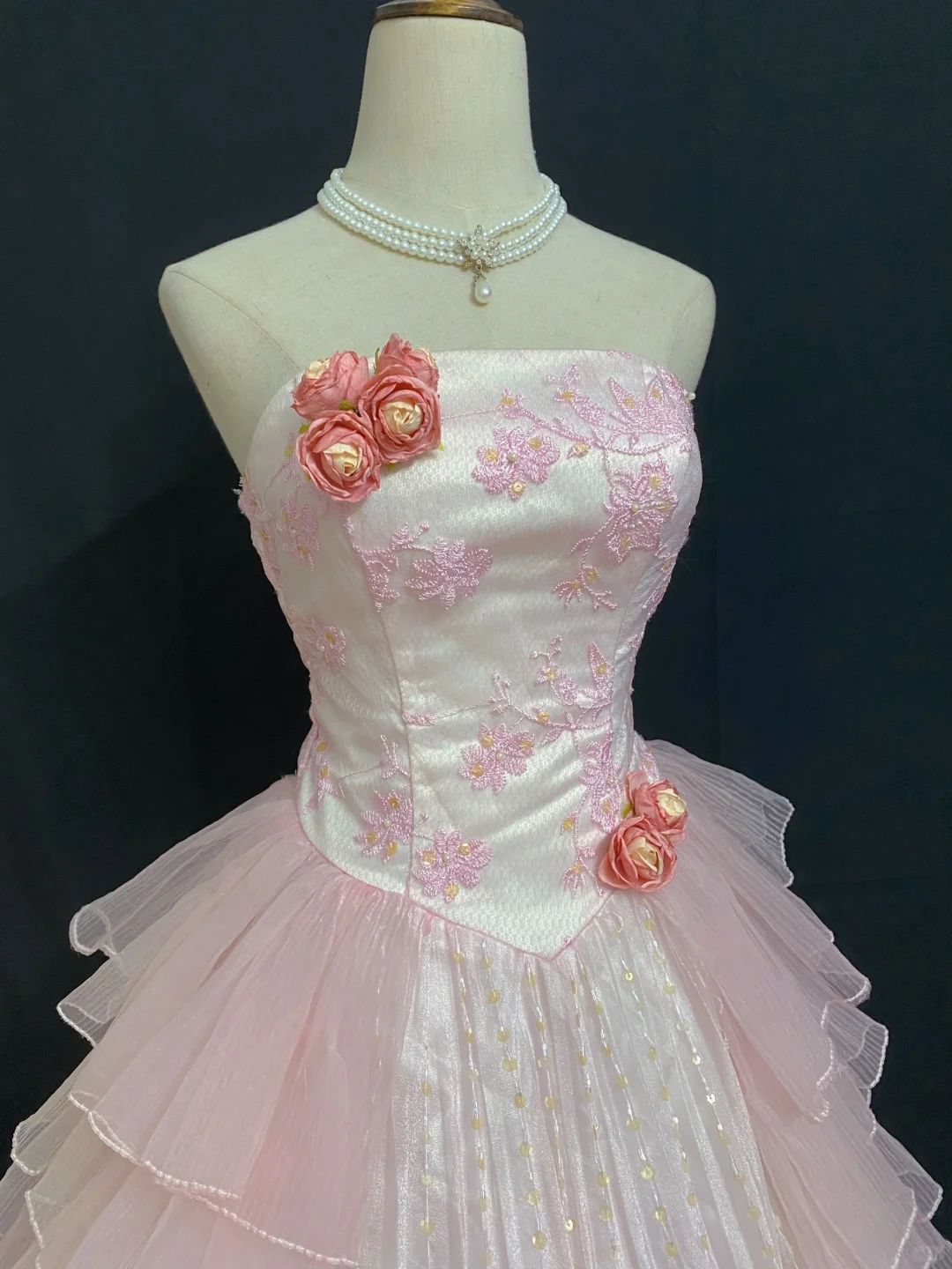 Blush Pink Strapless Long Romantic Gown with Embroidery, Fitted Waist and Fluffy Tiered Cake Skirt, Wedding Dress & Bridal Gown gh8322