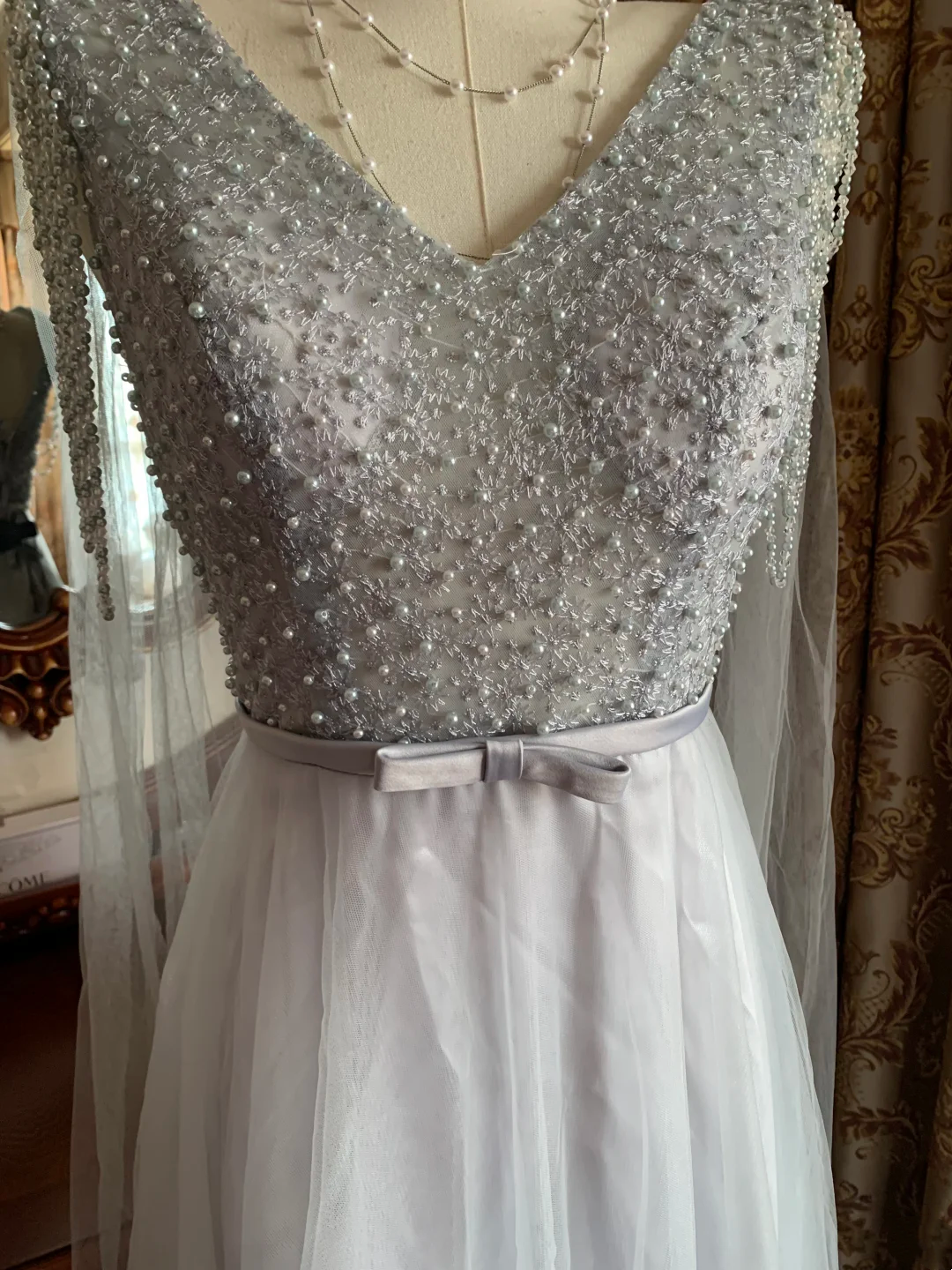 Haze Blue V-Neck Waist-Cinched Elegant Prom Gown, Evening Formal Dress gh7242