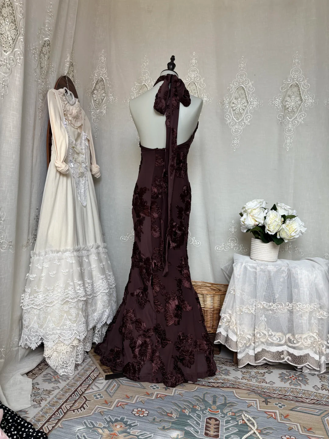 Retro Brown Halter Neck Fitted Hip Hugging Sexy Evening Gown gh7142