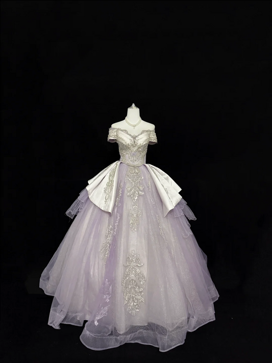 Lavender Off-the-Shoulder Cinched Waist Silver Decorations Voluminous Skirt Long Romantic Dress, Wedding Gown gh7838