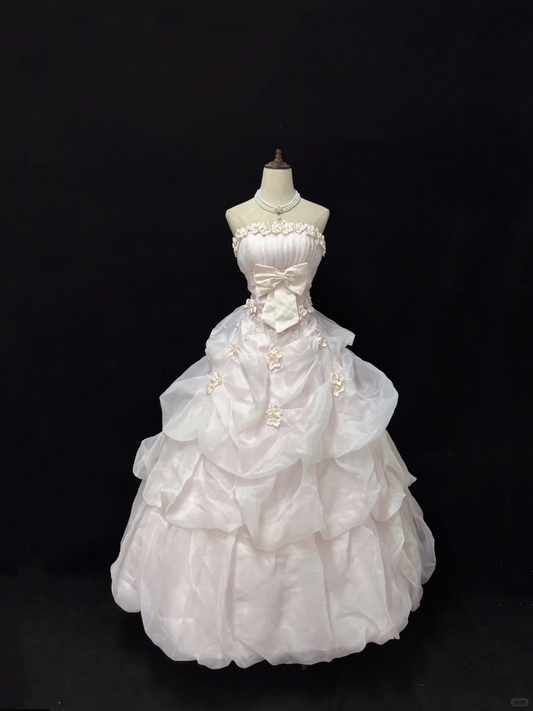 Blush Pink Strapless Gown with Bow Neckline, Cinched Waist, Voluminous Princess Skirt, Romantic Dress, Wedding Gown gh8096