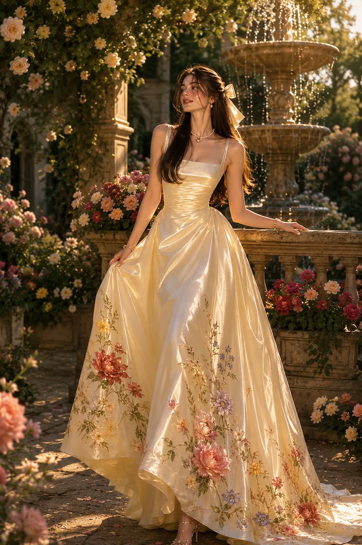 Light Yellow Spaghetti Straps Waist-Cinched Embroidery Flared Skirt Elegant Prom Dress, Evening Gown gh7299