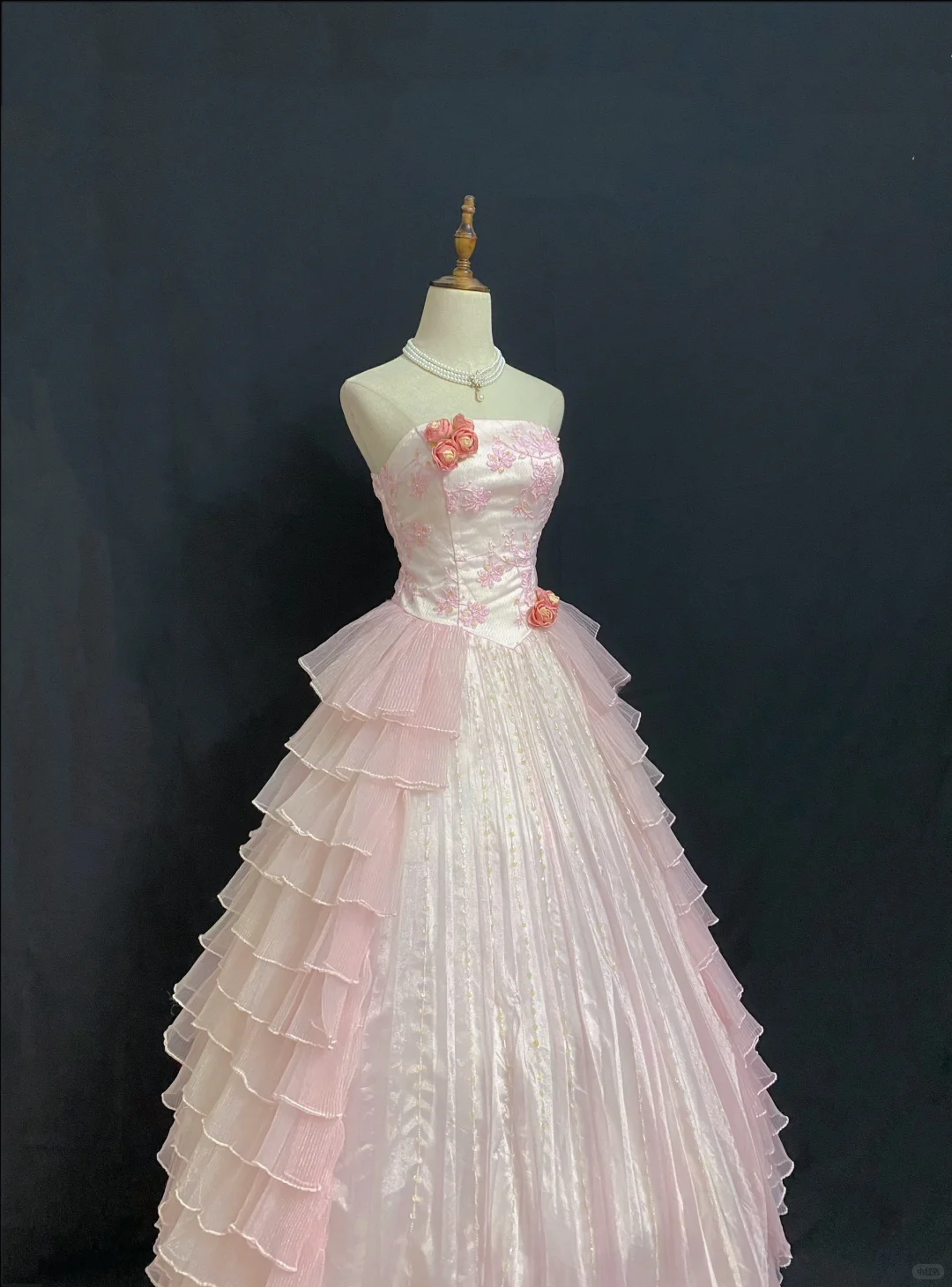 Blush Pink Strapless Long Romantic Gown with Embroidery, Fitted Waist and Fluffy Tiered Cake Skirt, Wedding Dress & Bridal Gown gh8322