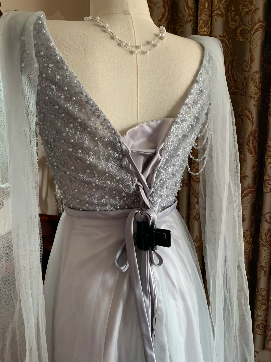 Haze Blue V-Neck Waist-Cinched Elegant Prom Gown, Evening Formal Dress gh7242