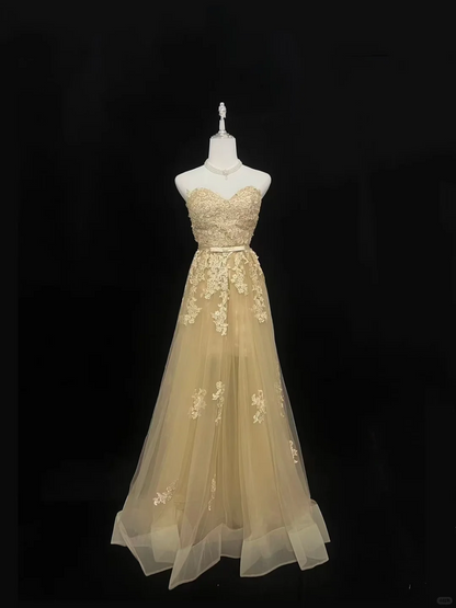 Golden Strapless Embroidered Cinched Waist Full Flared Skirt Long Luxury Romantic Dress, Wedding Gown gh8007