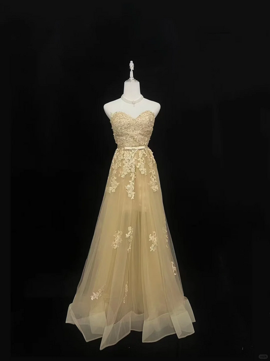 Golden Strapless Embroidered Cinched Waist Full Flared Skirt Long Luxury Romantic Dress, Wedding Gown gh8007