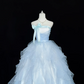 Light Blue Strapless Cinched Waist Voluminous Tiered Skirt Romantic Dress, Wedding Gown gh7921