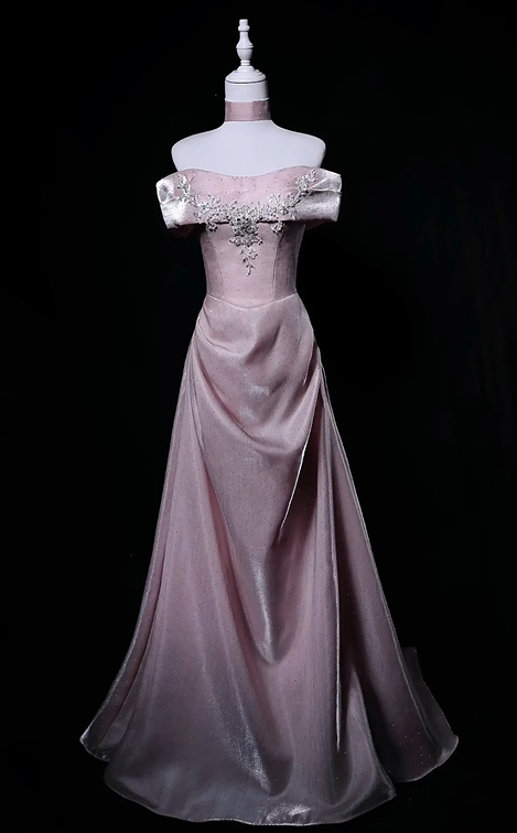 Premium Satin Off-Shoulder Waist-Cinched Fitted A-Line Long Evening Dress, Fairy Gown, Romantic Gown gh7471