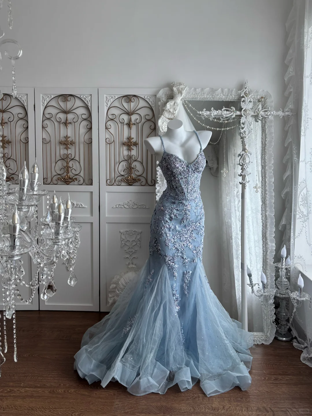 Light Blue Spaghetti Straps Fitted Waist Sexy Mermaid Skirt Prom Gown & Evening Gown gh7353