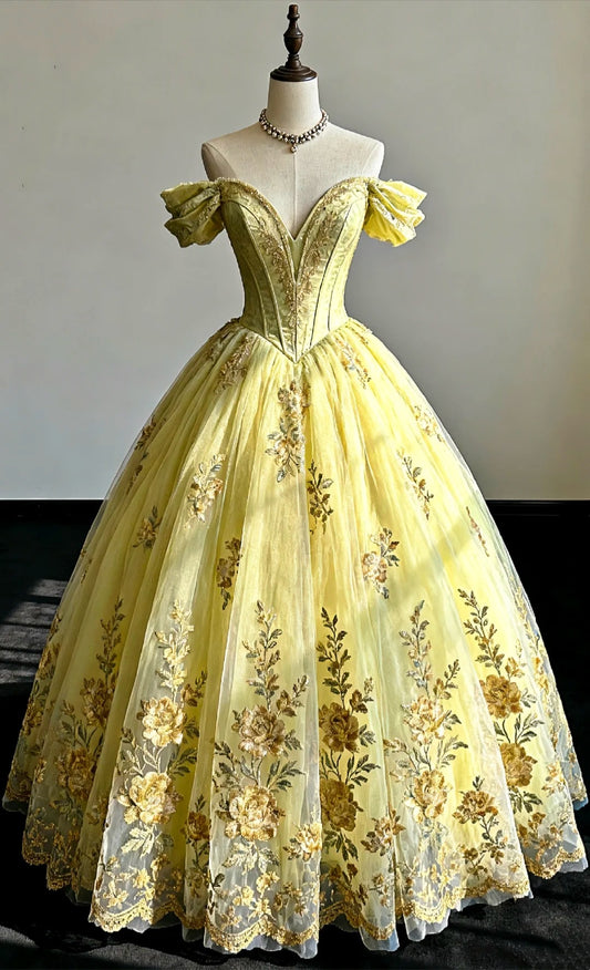 girlhomeshops-Yellow vintage floral long tulle ball gown gh6240