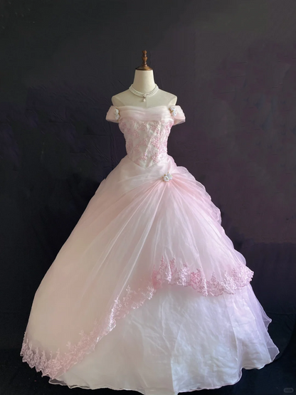 Light Pink Off Shoulder Romantic Gown, Cinched Waist, Vintage Voluminous Princess Skirt, Wedding Dress & Bridal Gown gh8226