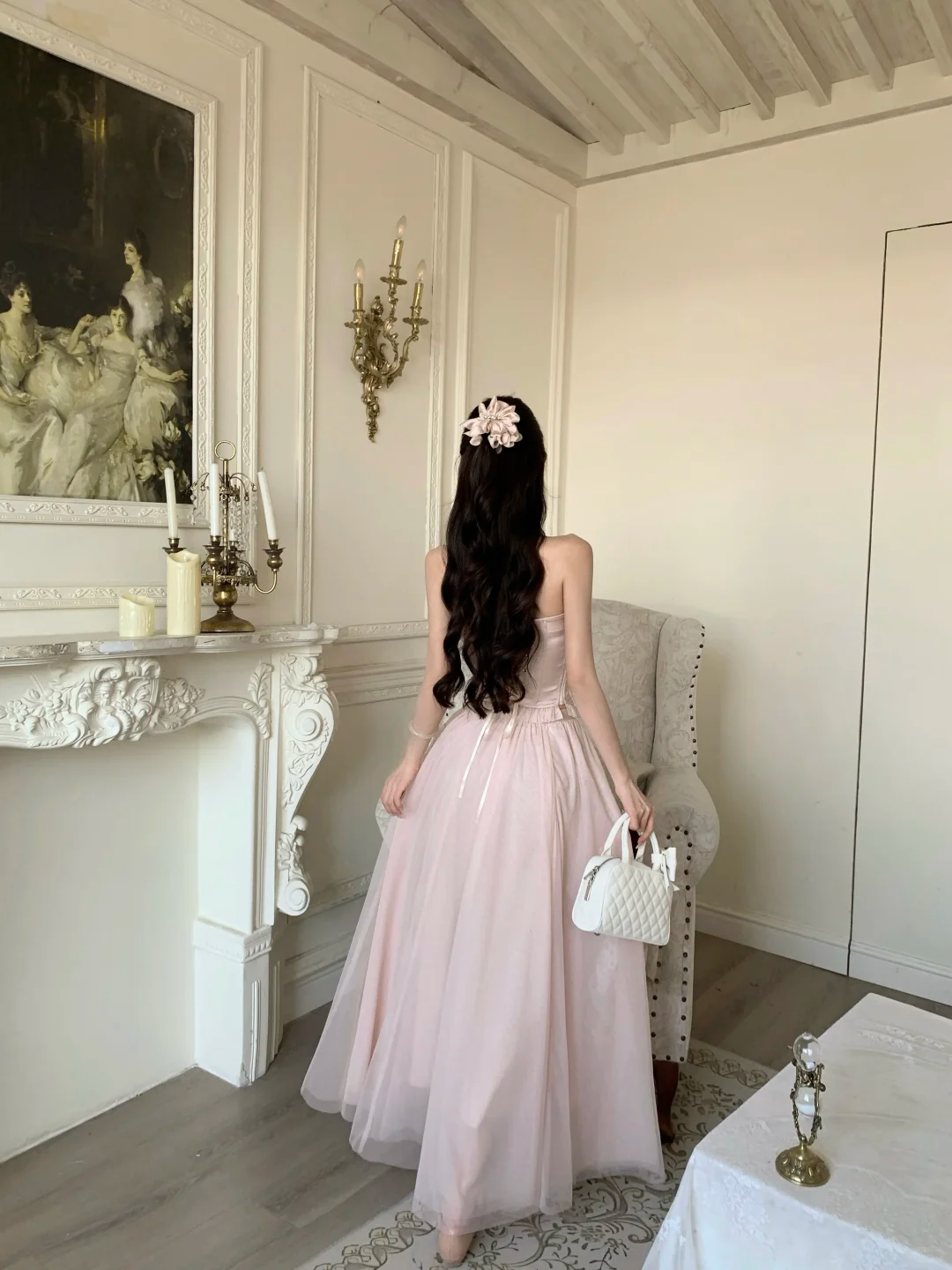Women Romantic Light Pink Strapless Prom Dress Ruffle Bust Boned Corset Flowy Tulle Long Evening Gown gh9433