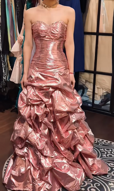 Metallic Pink Strapless Ruffled Long Evening Gown Sweetheart Beaded Prom Dress gh9847