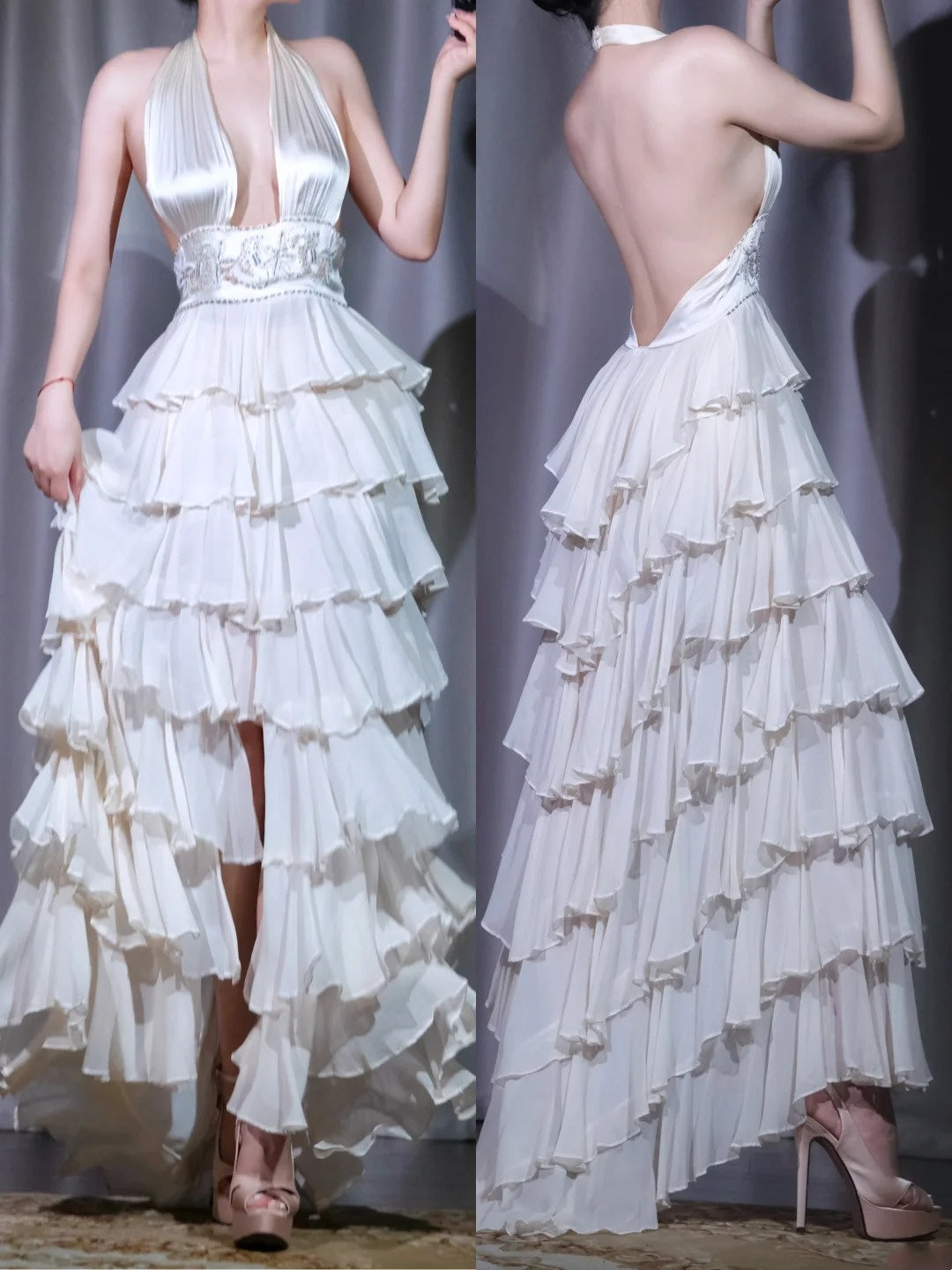 Girlhomeshops - Robe de soirée longue en mousseline de soie blanche, élégante et raffinée, style rétro, à plusieurs niveaux, GH5915