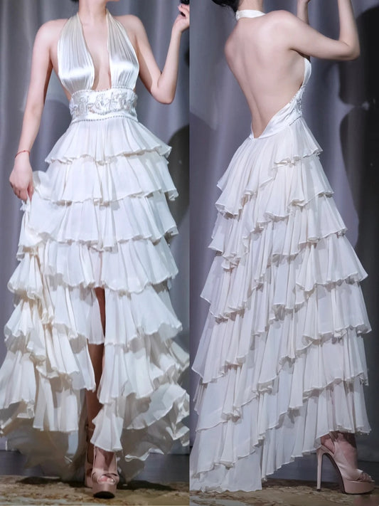 girlhomeshops-White exquisite retro elegant long chiffon multi-layered evening dress prom dress party dress gh5915
