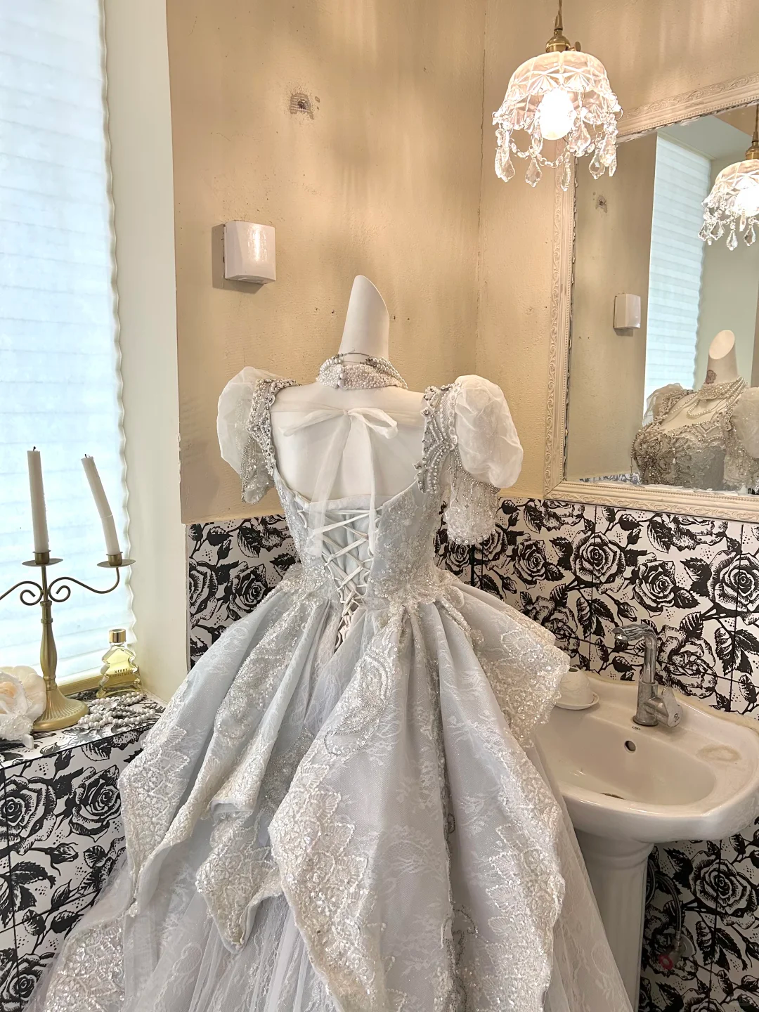 Silver Gray Puff Sleeve Waist-Cinched Voluminous Princess Skirt Long Romantic Dress, Wedding Gown gh7705