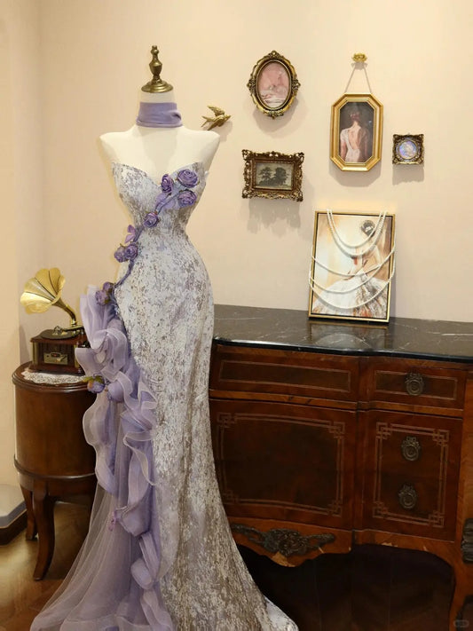 Lila Wunderschönes Elegantes Exquisites Langes Tüll-Ballkleid mit Blumenmuster, Abendkleid, Partykleid gh3649