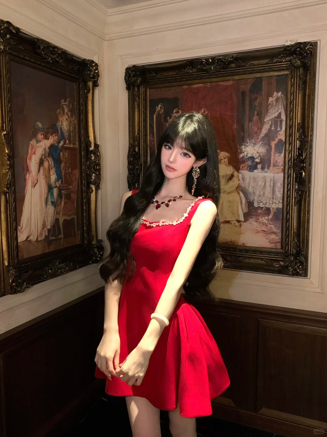 Women Glam Red Wide Strap Homecoming Dress Rhinestone Neck Cutout Back A-Line Flare Short Party Gown gh9436