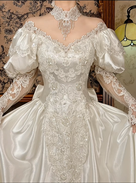 Off‑White Long Puff Sleeve Lace Palace‑Style Fitted Waist Figure‑Flattering Full Flared Skirt Long Vintage Prom Gown, Wedding Dress gh8604