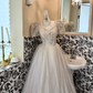 Ivory Puff Sleeve Beaded Waist-Cinched Fitted Full Flared Vintage Romantic Dress, Wedding Gown gh7529