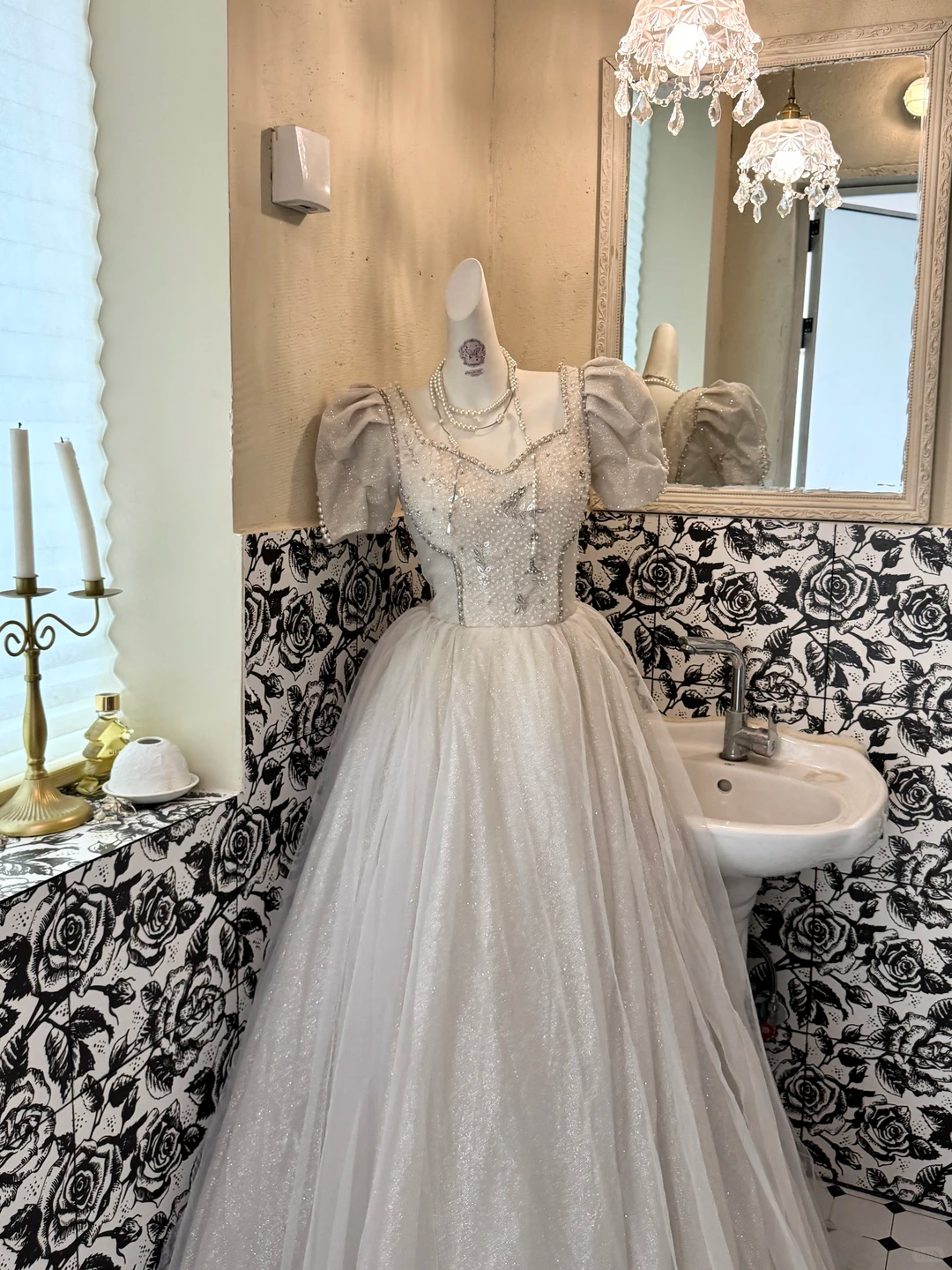 Ivory Puff Sleeve Beaded Waist-Cinched Fitted Full Flared Vintage Romantic Dress, Wedding Gown gh7529