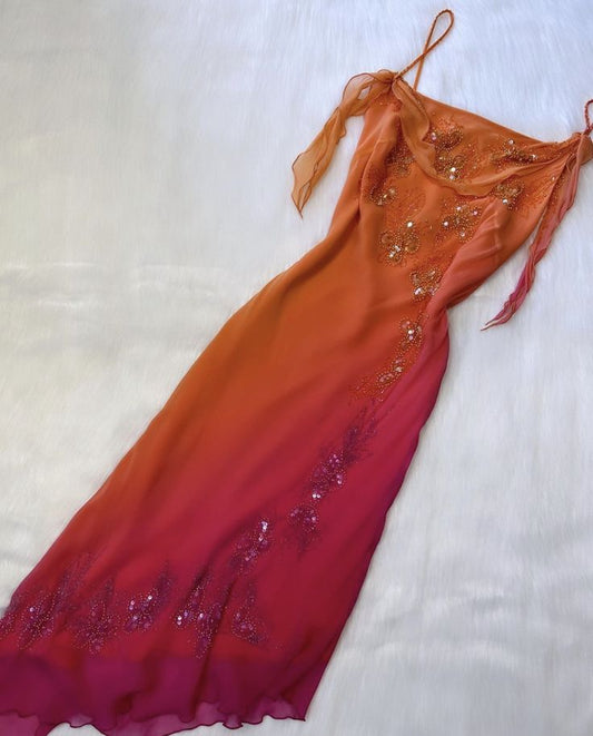 Robe de soirée longue en tulle à perles, dégradé orange, exquise, à la mode, gh3184