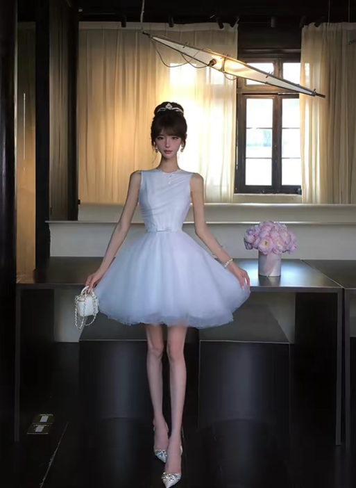 Light Blue Sleeveless Tulle Homecoming Dress Round Neck Mini Prom Gown gh9408