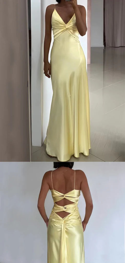 Yellow Fashion V-neck Spaghetti Straps Elegant Long Satin Back lace-up Ball Gown Evening Dress Party Dress gh3160