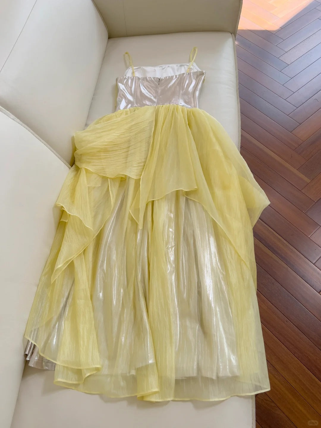 Yellow Silver FuturisticFlowing Long Chiffon Ball Gown Party Dress gh4404