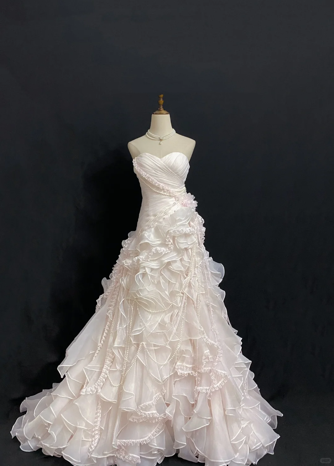 Blush Pink Floral Strapless Wedding Dress, Cinched Waist, Long Puffy Skirt gh8273