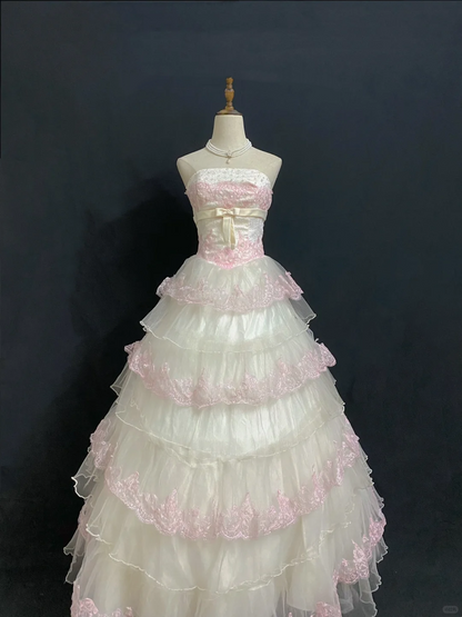 Blush Pink Strapless Romantic Gown with Embroidered Lace Trim, Fitted Waist and Fluffy Tiered Cake Skirt, Wedding Dress & Bridal Gown gh8323