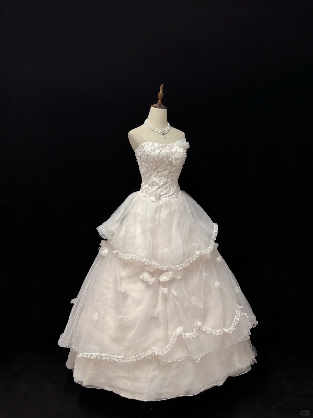 Blush Pink Strapless Romantic Dress With Rhinestones, Cinched Waist, Voluminous Tiered Skirt, Wedding Gown gh8097