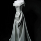 Premium Satin Off-Shoulder Waist-Cinched Fitted A-Line Long Evening Dress, Fairy Gown, Romantic Gown gh7471