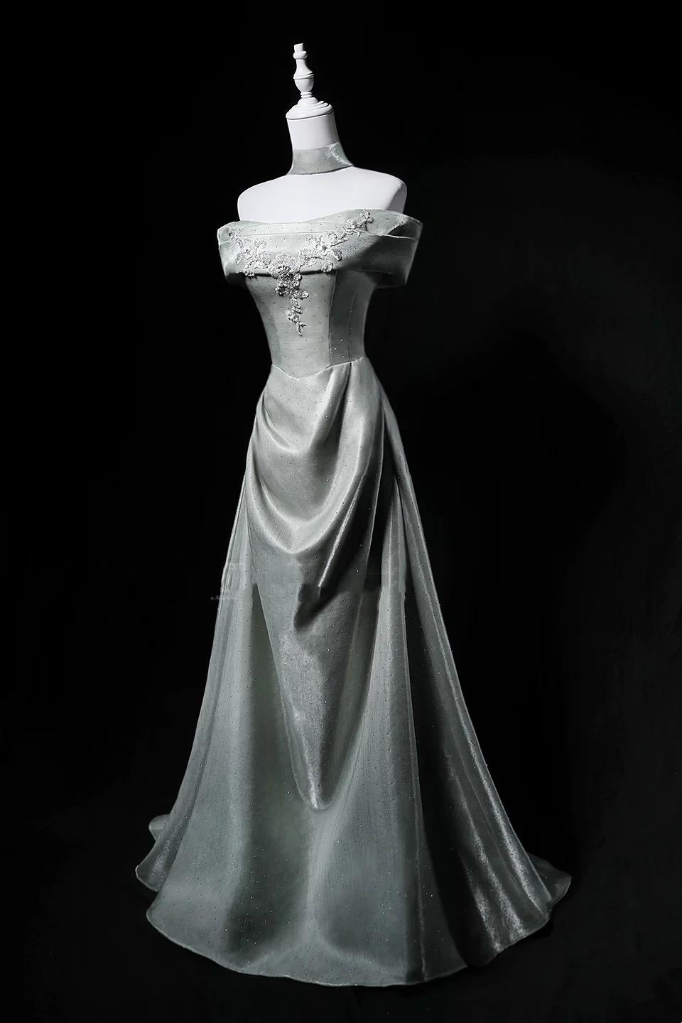 Premium Satin Off-Shoulder Waist-Cinched Fitted A-Line Long Evening Dress, Fairy Gown, Romantic Gown gh7471
