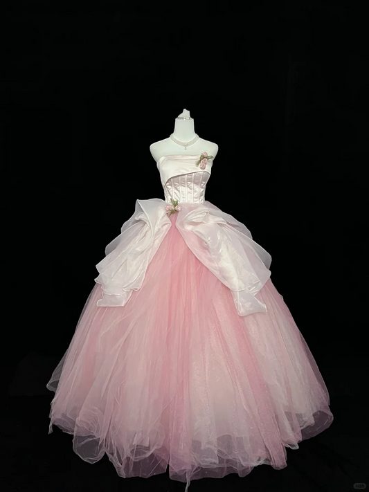 Blush Pink Strapless Cinched Waist Voluminous Princess Skirt Romantic Dress, Wedding Gown gh7922