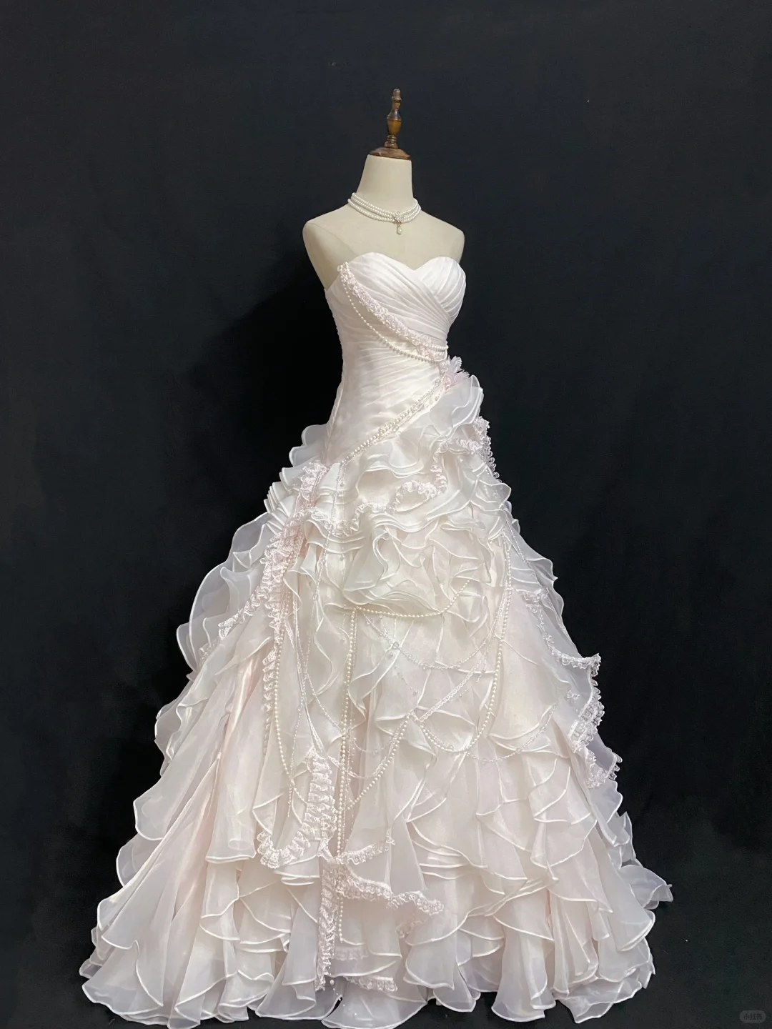 Blush Pink Floral Strapless Wedding Dress, Cinched Waist, Long Puffy Skirt gh8273