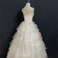 Blush Pink Strapless Romantic Gown with Embroidered Lace Trim, Fitted Waist and Fluffy Tiered Cake Skirt, Wedding Dress & Bridal Gown gh8323