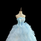 Light Blue Strapless Cinched Waist Voluminous Tiered Skirt Romantic Dress, Wedding Gown gh7962