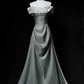 Premium Satin Off-Shoulder Waist-Cinched Fitted A-Line Long Evening Dress, Fairy Gown, Romantic Gown gh7471