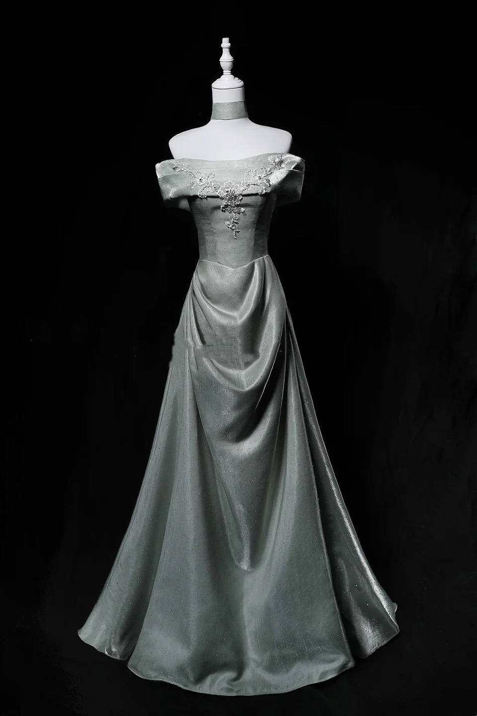 Premium Satin Off-Shoulder Waist-Cinched Fitted A-Line Long Evening Dress, Fairy Gown, Romantic Gown gh7471