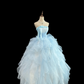 Light Blue Strapless Cinched Waist Voluminous Tiered Skirt Romantic Dress, Wedding Gown gh7962