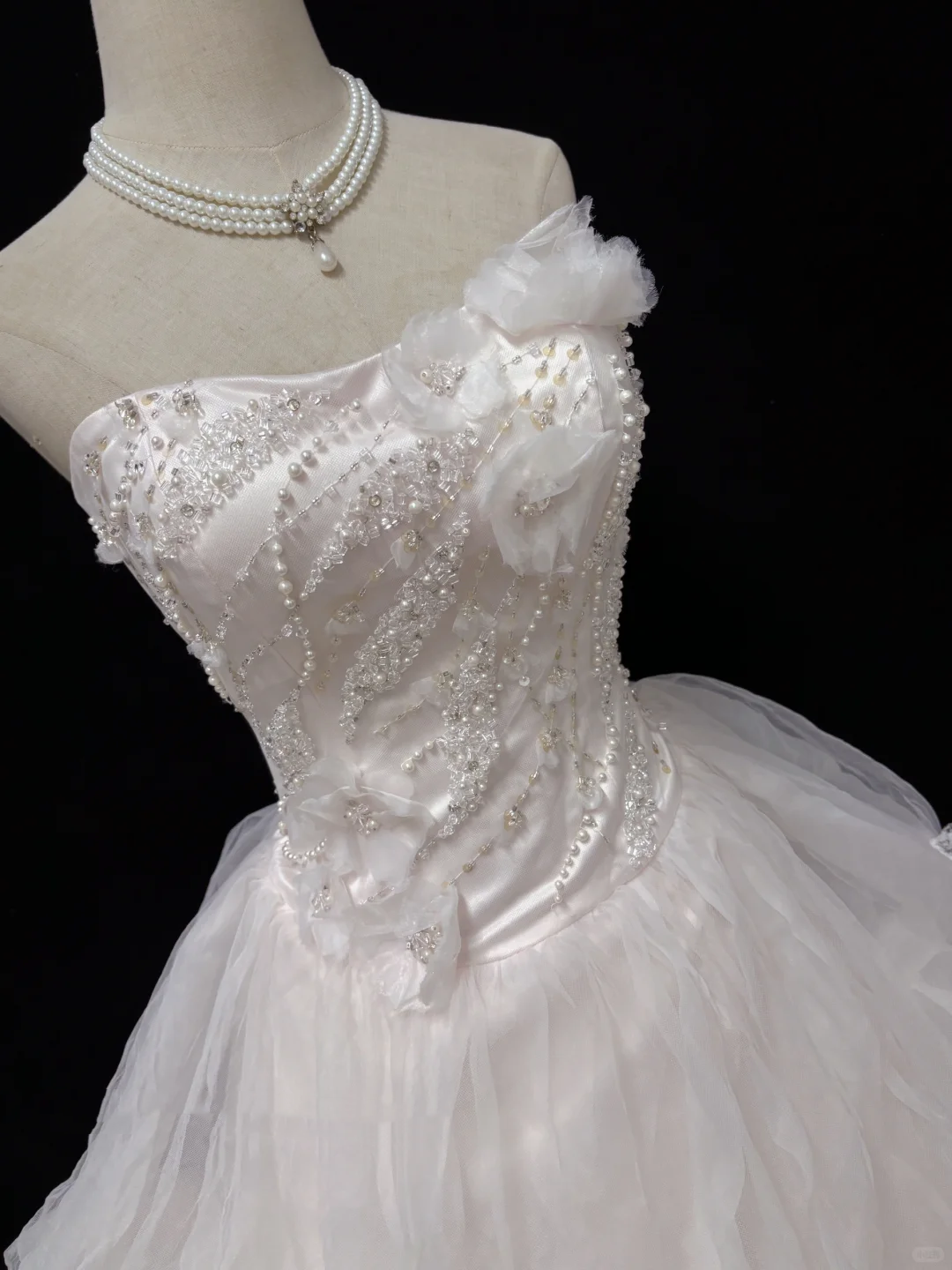 Blush Pink Strapless Romantic Dress With Rhinestones, Cinched Waist, Voluminous Tiered Skirt, Wedding Gown gh8097